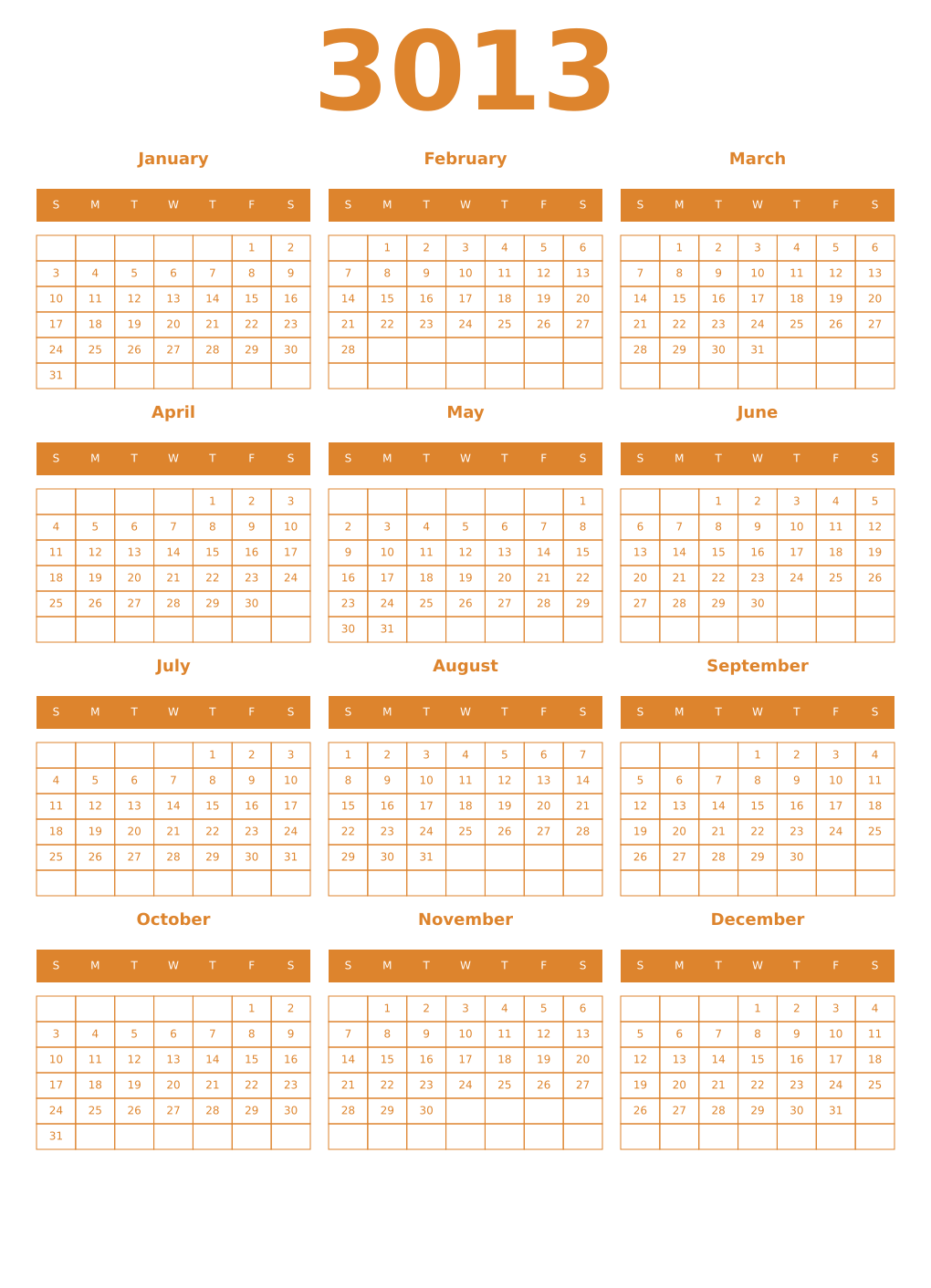 Printable 3013 Year Calendars orange