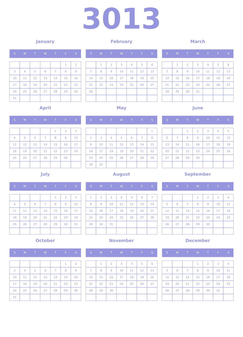 Printable 3013 Year Calendars periwinkle