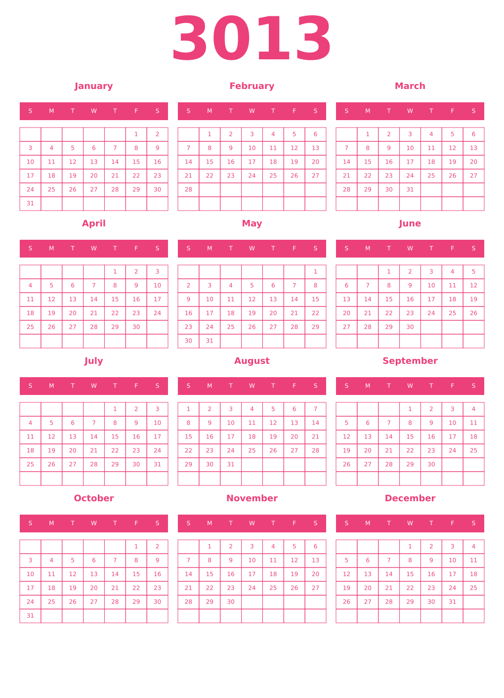 Printable 3013 Year Calendars pink