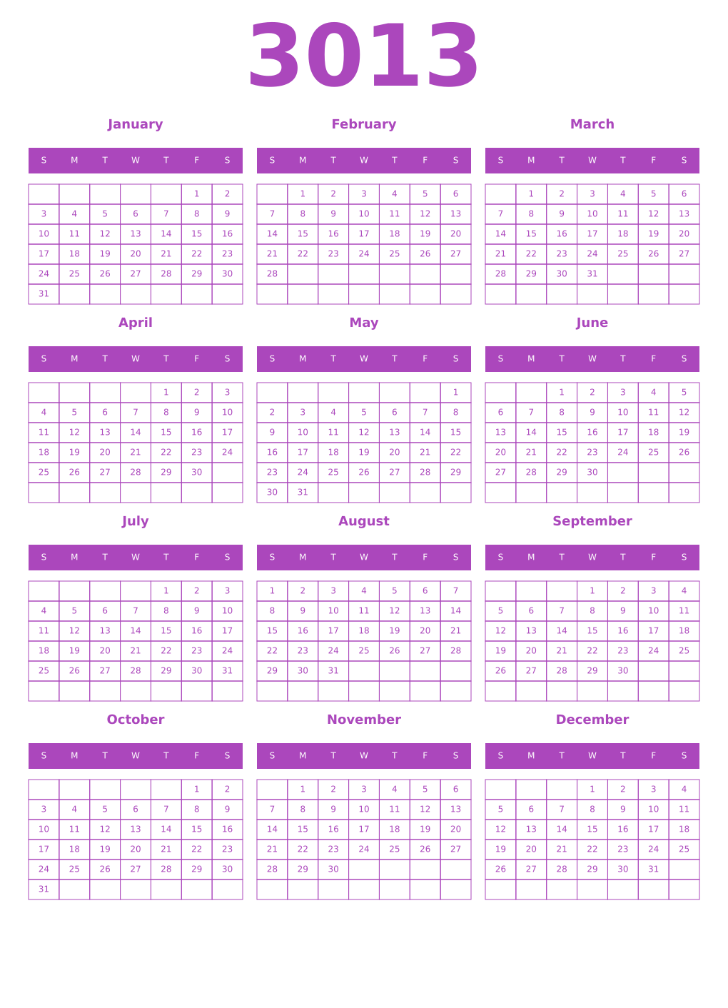 Printable 3013 Year Calendars purple