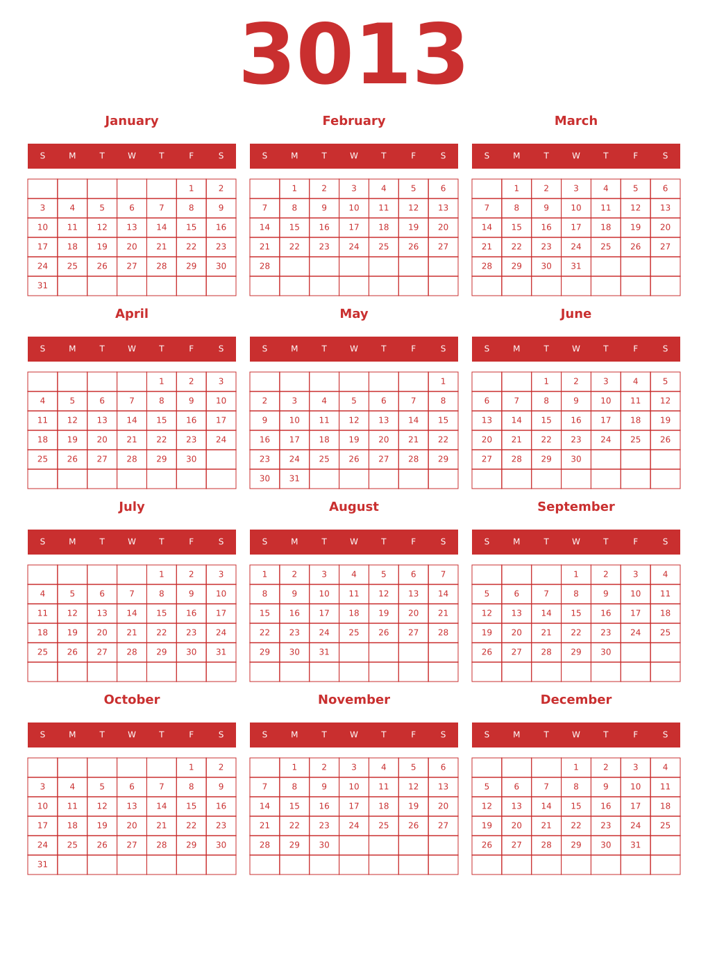Printable 3013 Year Calendars red