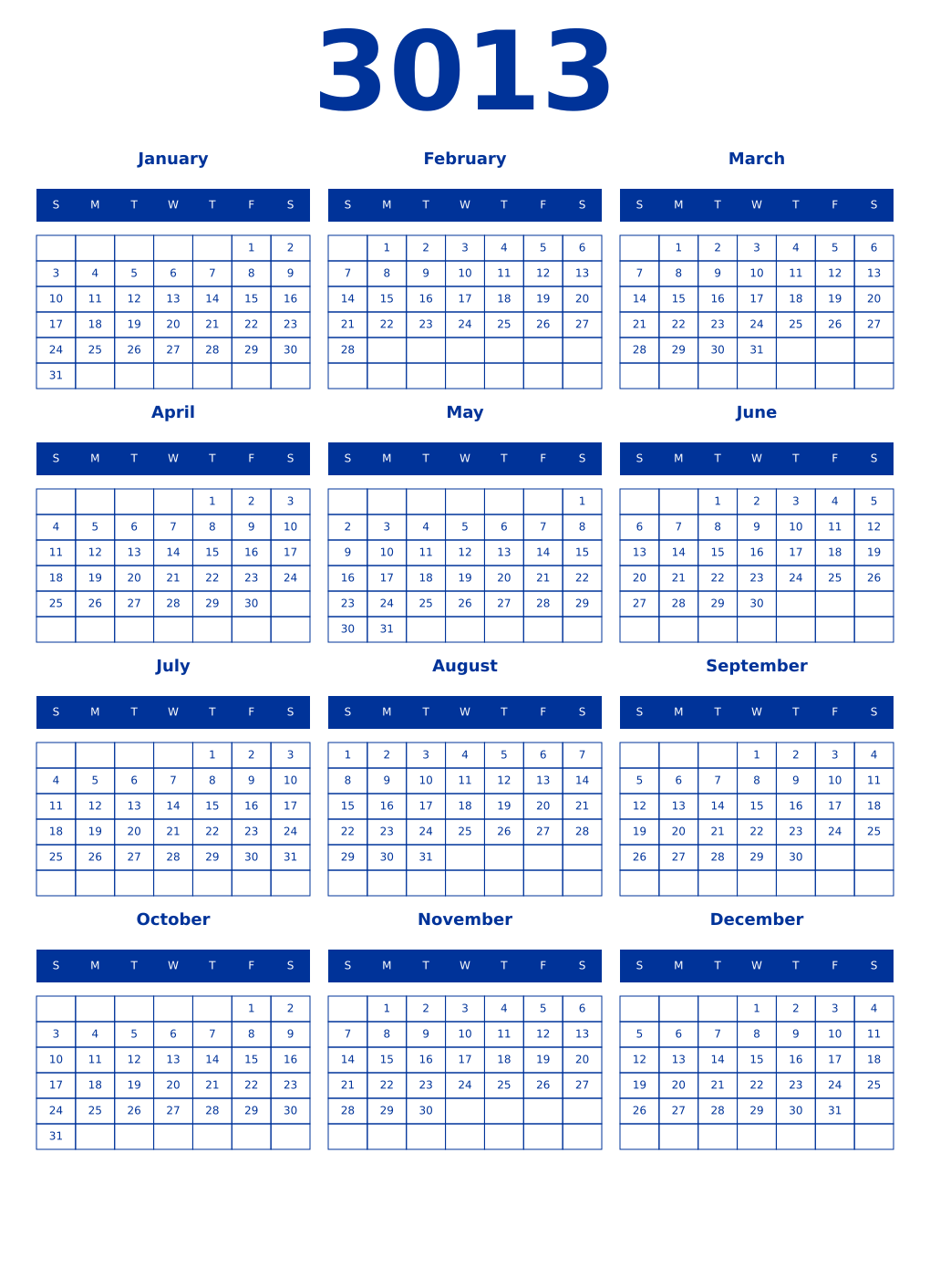 Printable 3013 Year Calendars smalt