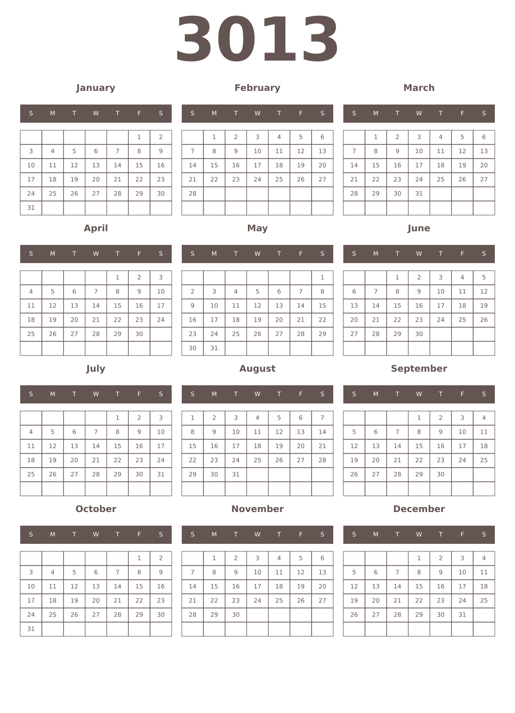 Printable 3013 Year Calendars wenge
