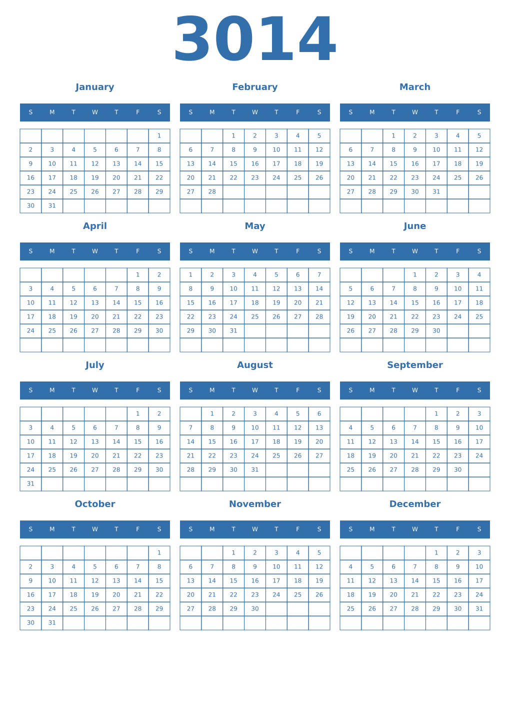 Printable 3014 Year Calendars blue