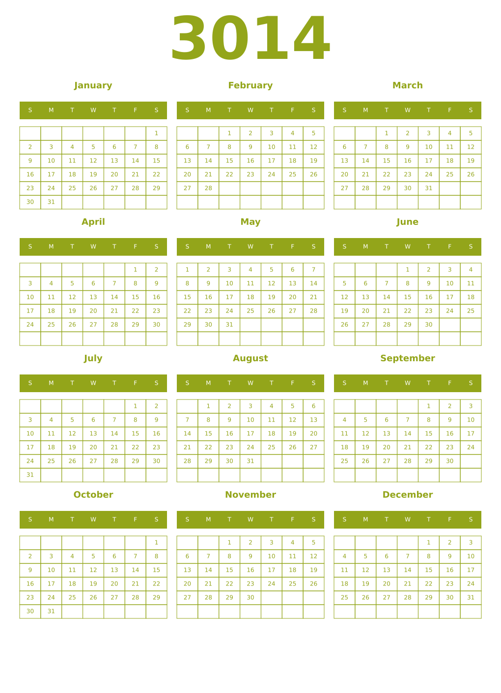 Printable 3014 Year Calendars chartreuse