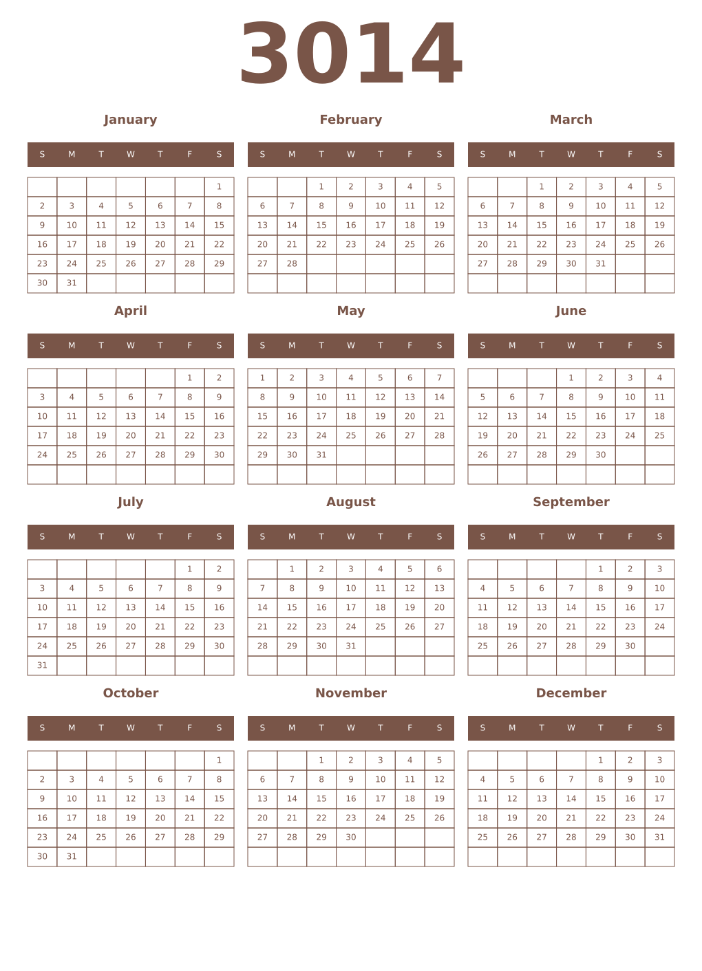 Printable 3014 Year Calendars coffe