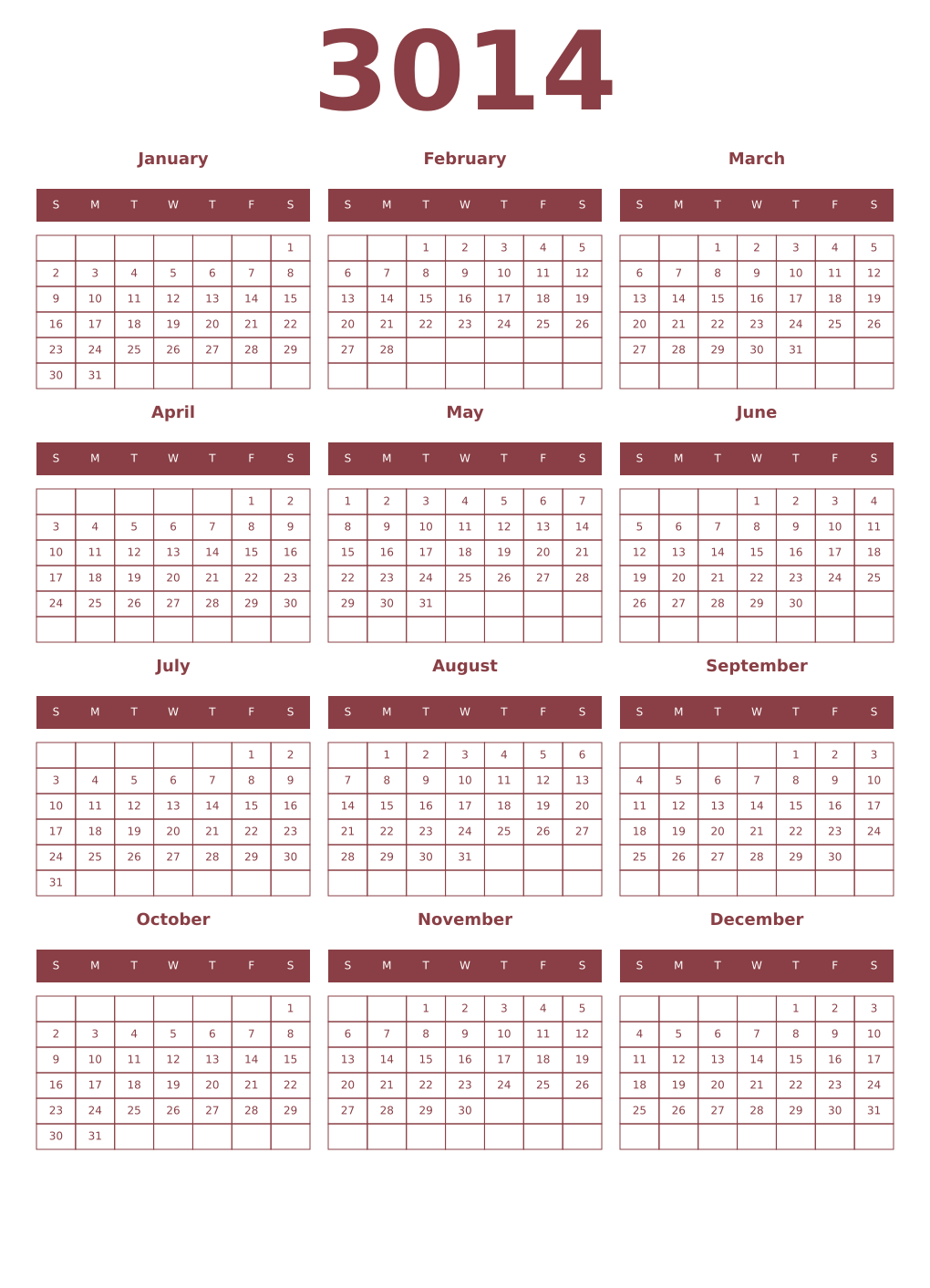Printable 3014 Year Calendars cordovan