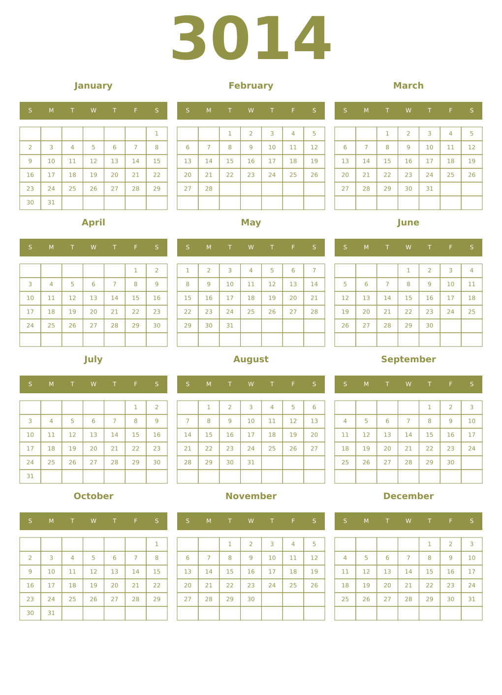 Printable 3014 Year Calendars eburnean
