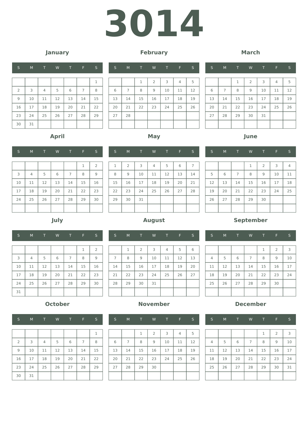 Printable 3014 Year Calendars feldgrau