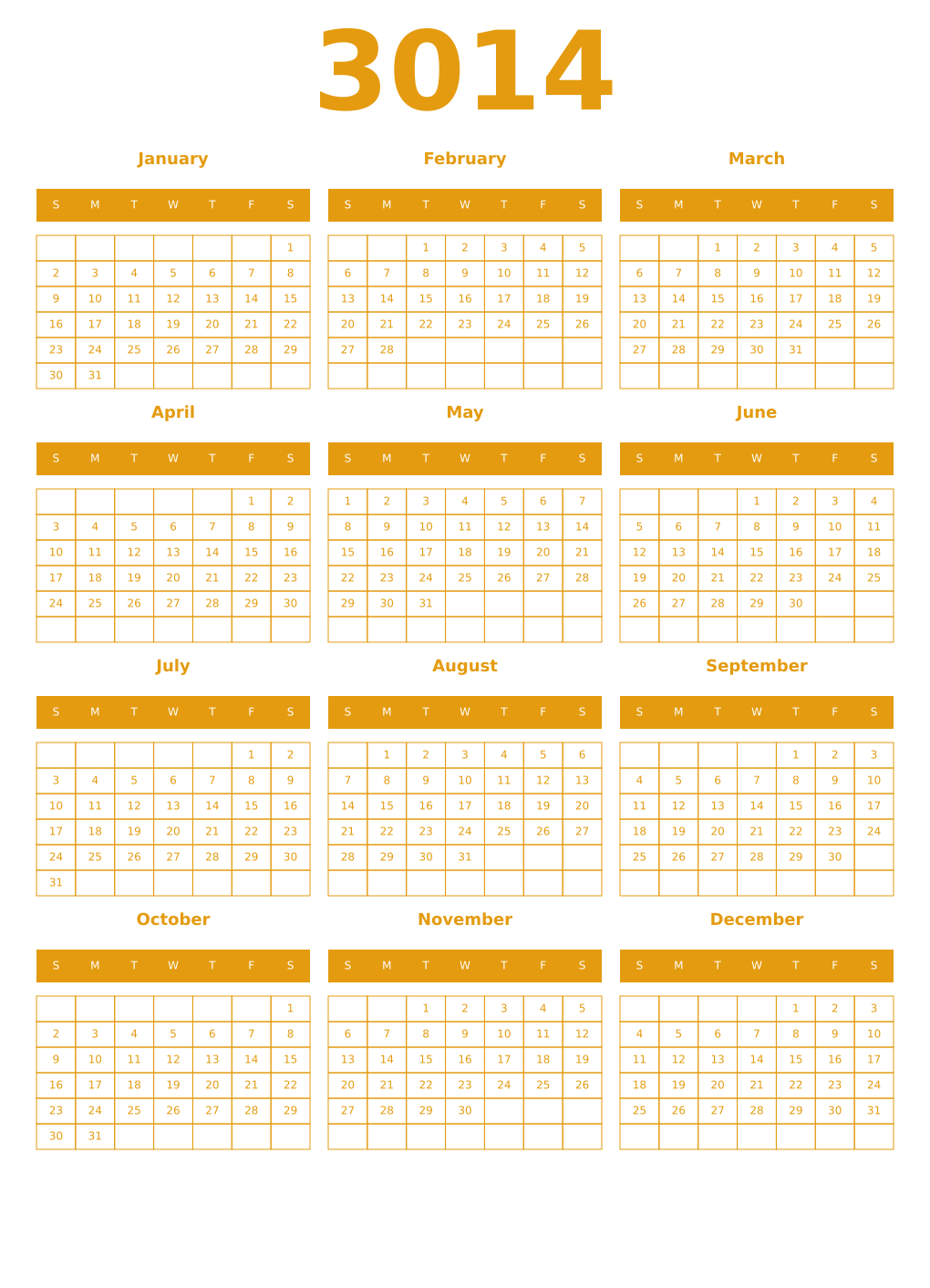 Printable 3014 Year Calendars gamboge