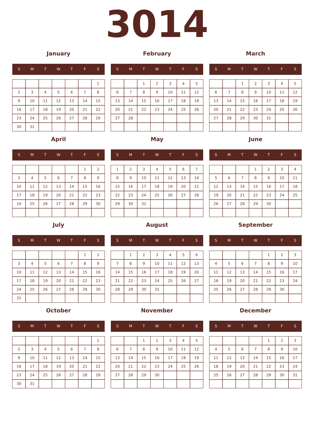 Printable 3014 Year Calendars mortuum