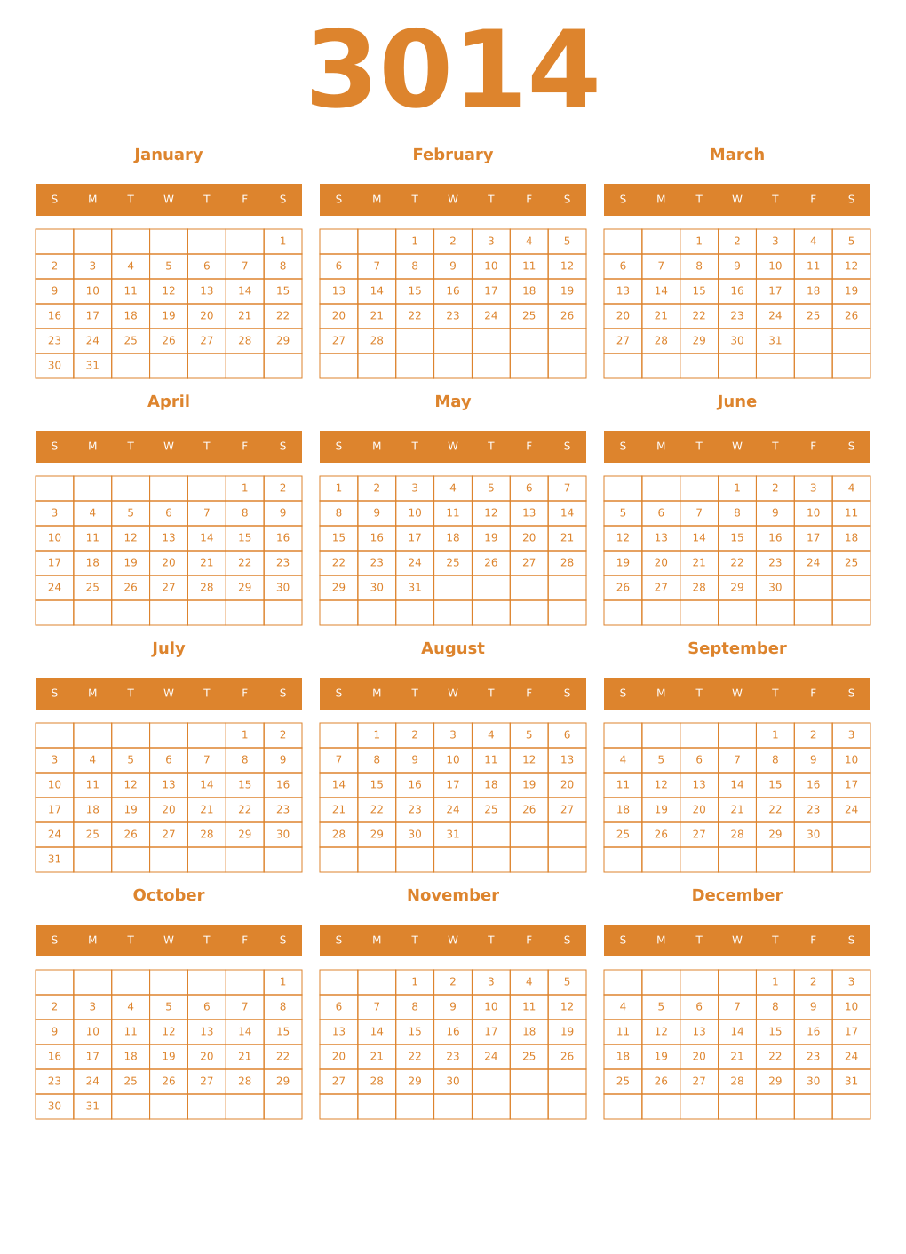 Printable 3014 Year Calendars orange