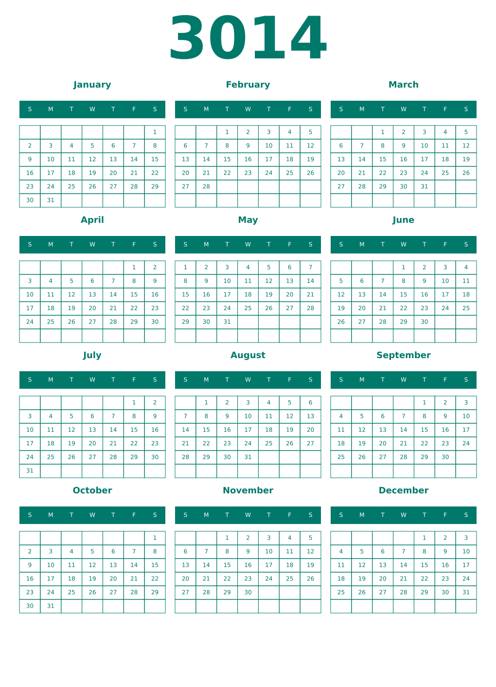 Printable 3014 Year Calendars pastel