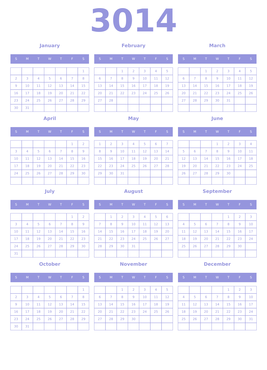 Printable 3014 Year Calendars periwinkle