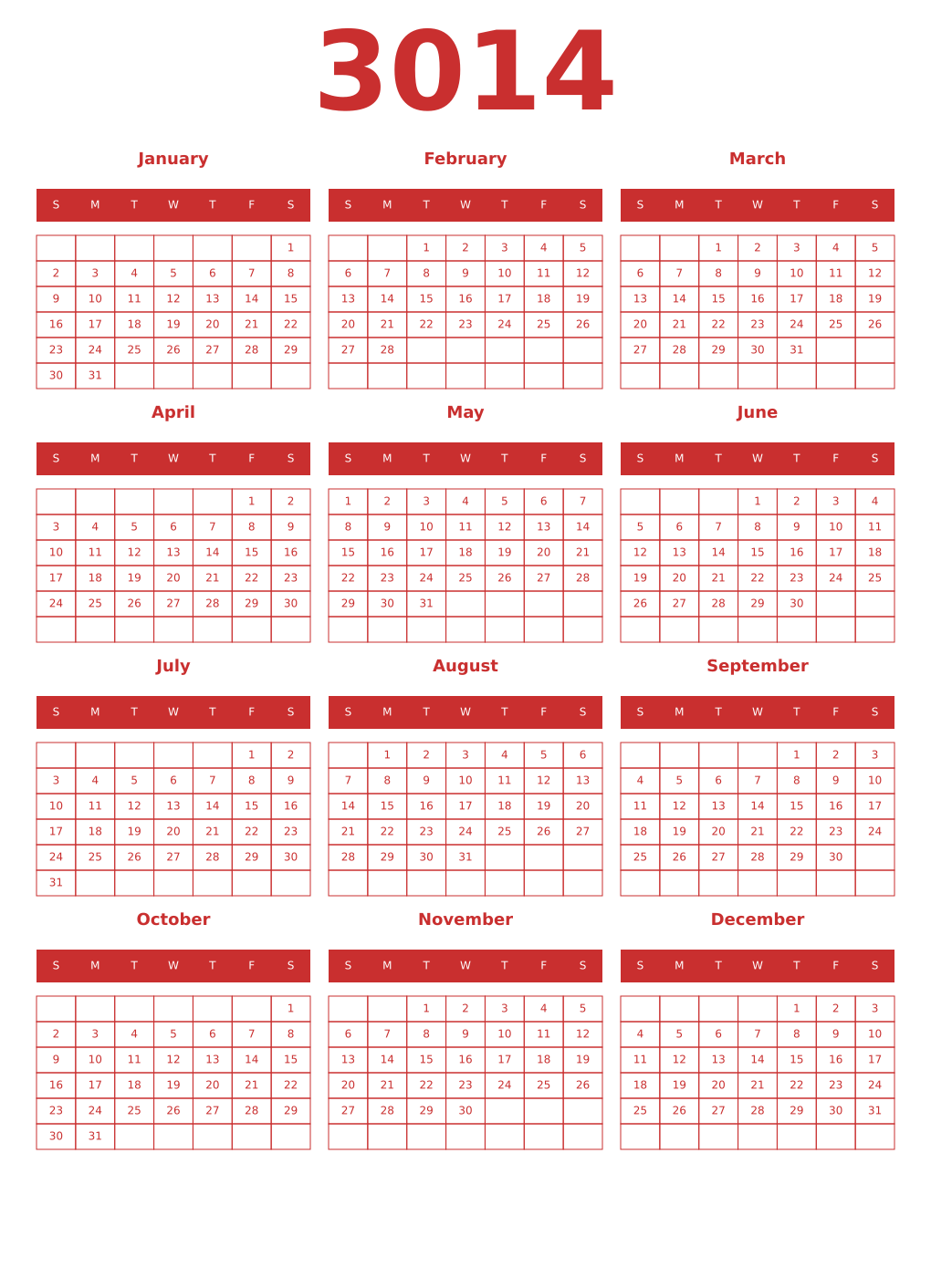 Printable 3014 Year Calendars red
