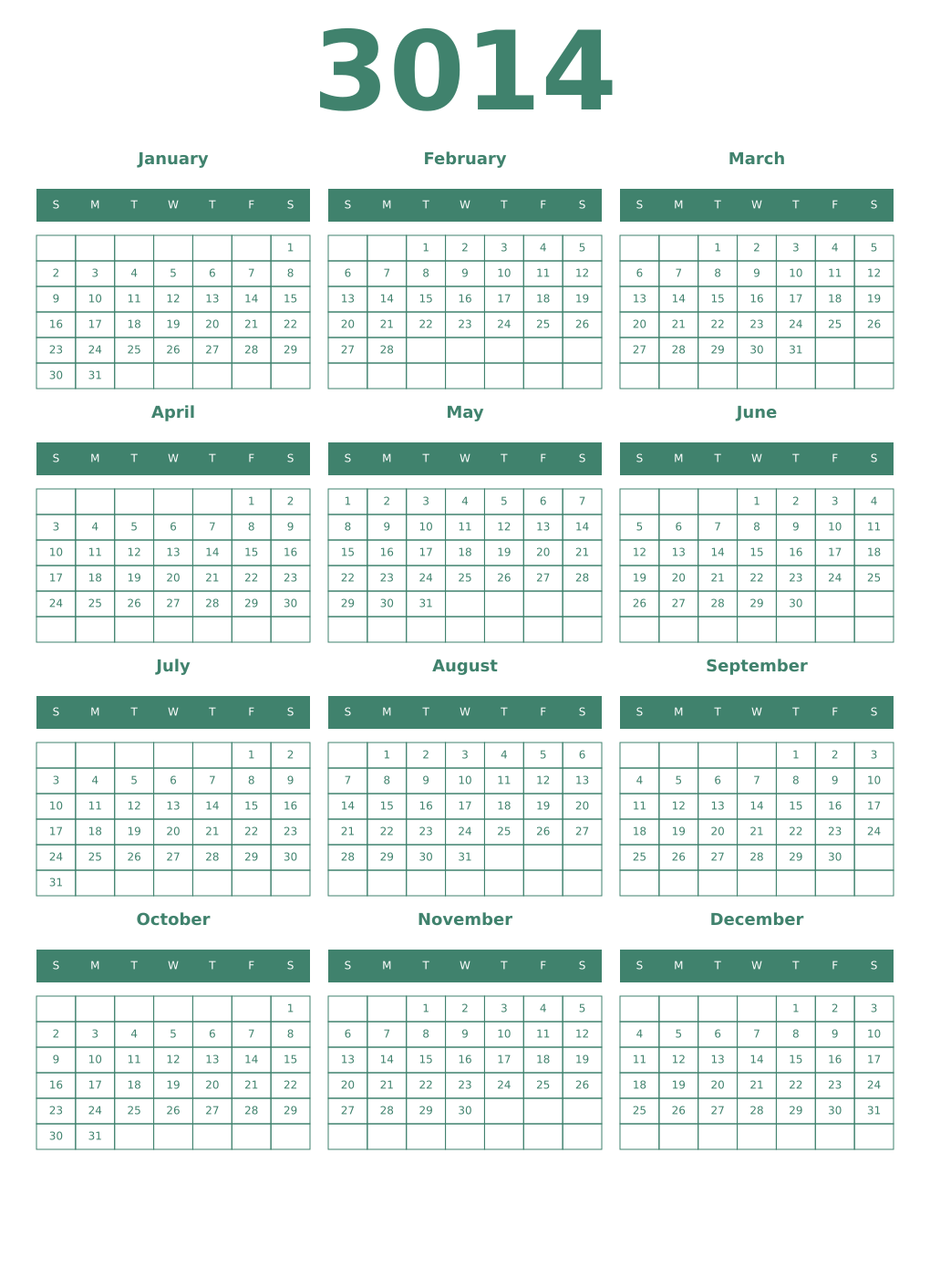 Printable 3014 Year Calendars viridian