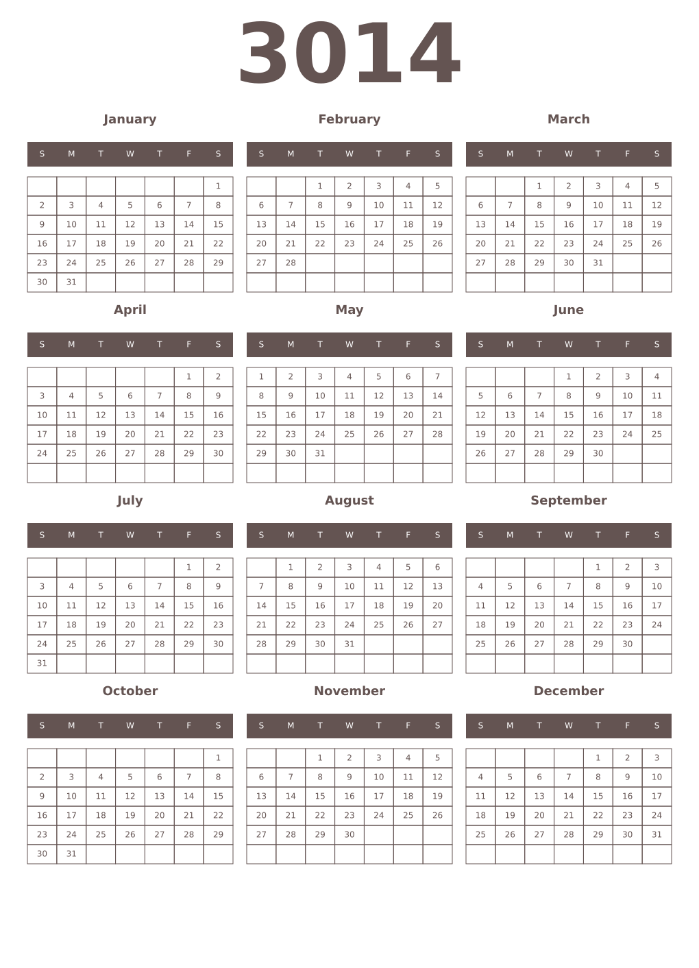 Printable 3014 Year Calendars wenge