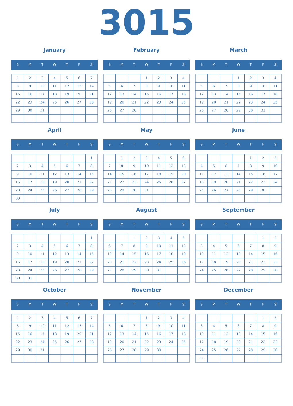 Printable 3015 Year Calendars blue