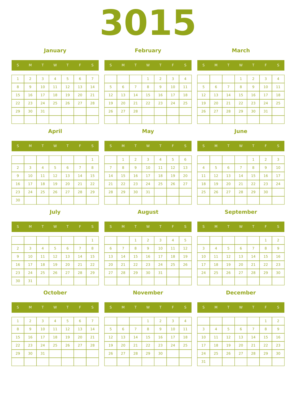 Printable 3015 Year Calendars chartreuse