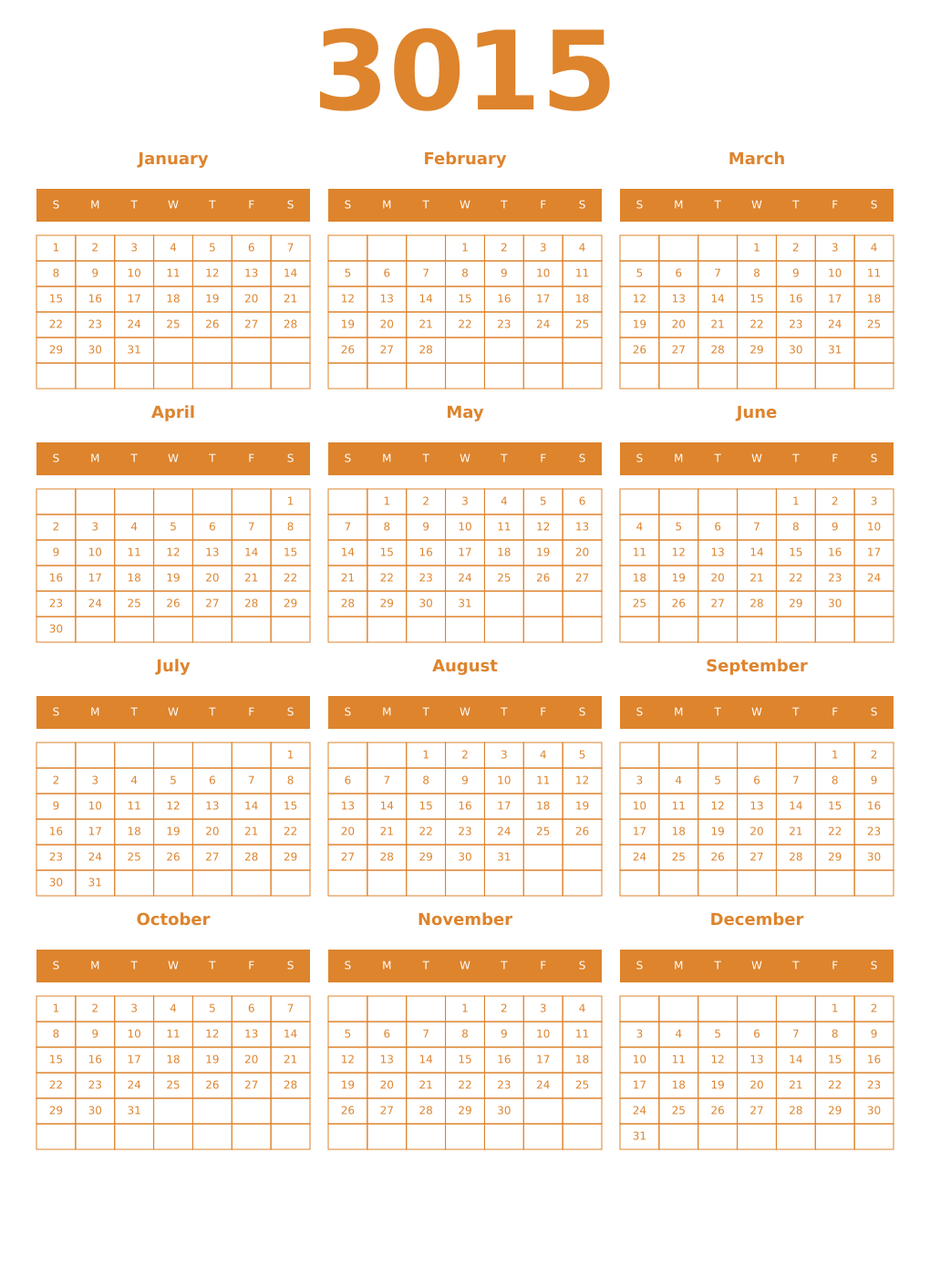 Printable 3015 Year Calendars orange