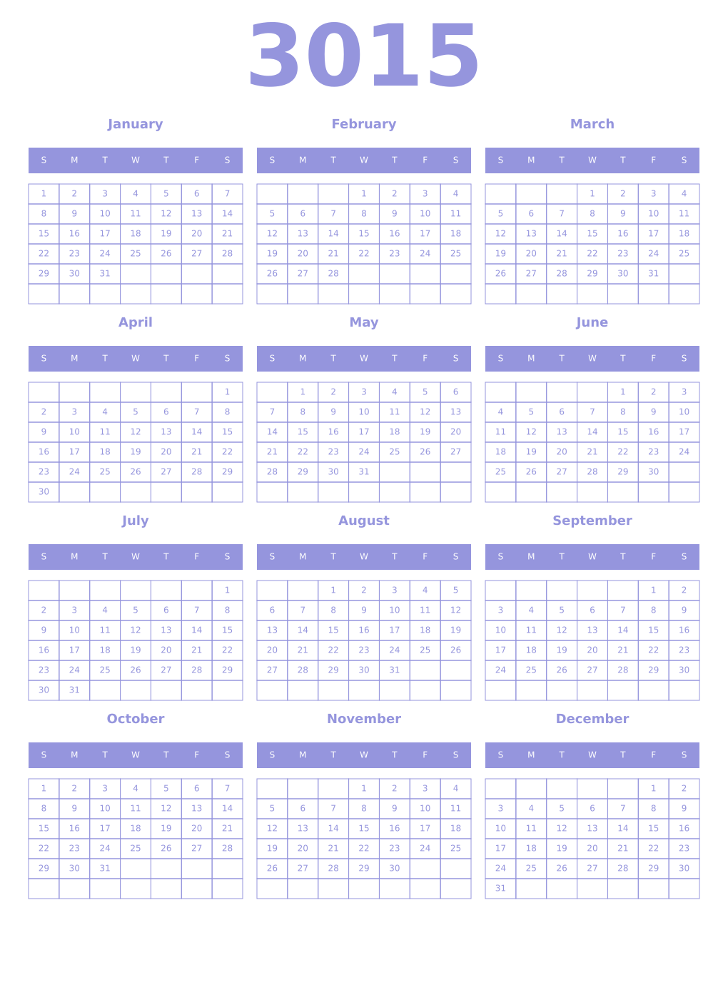 Printable 3015 Year Calendars periwinkle