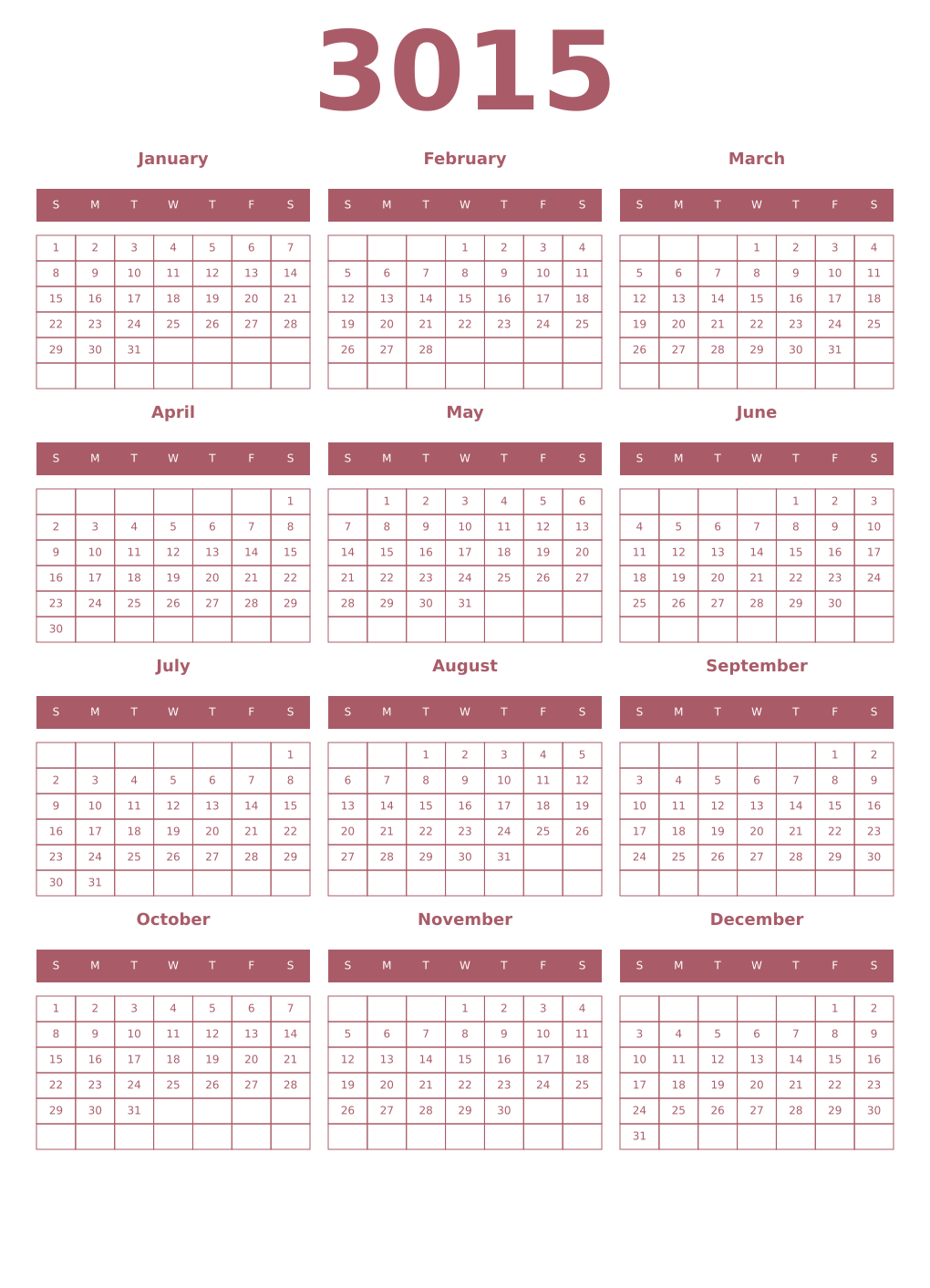 Printable 3015 Year Calendars puce