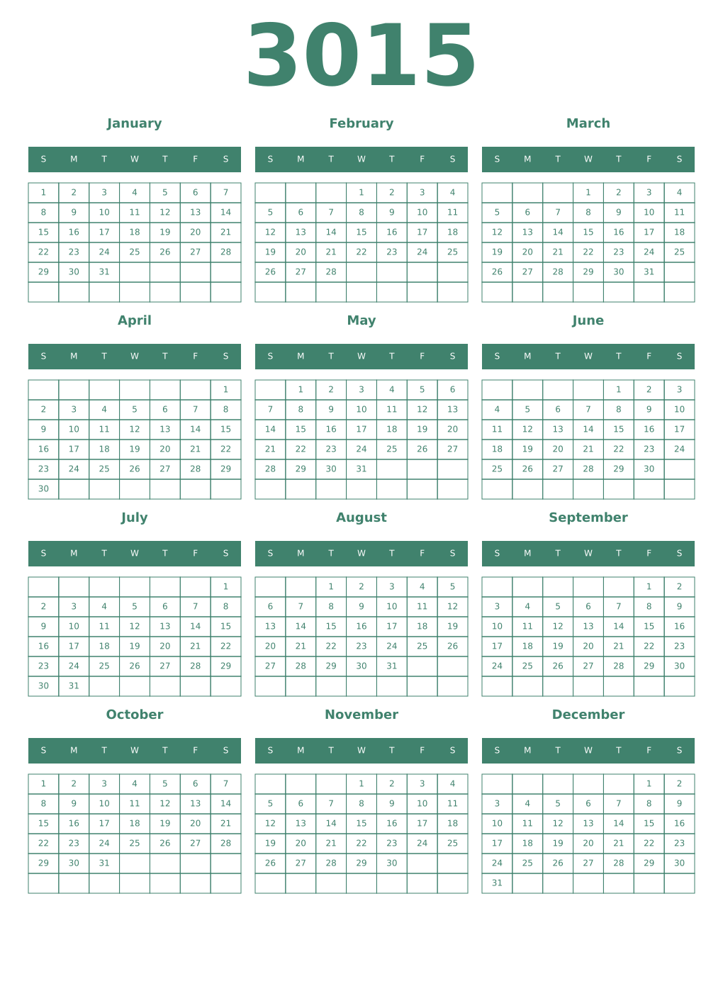 Printable 3015 Year Calendars viridian