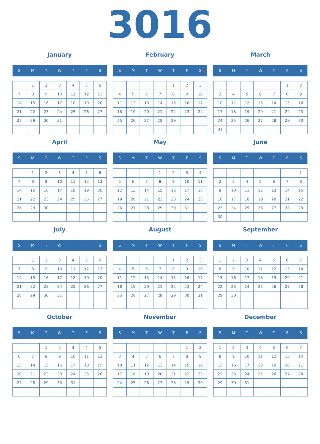 Printable 3016 Year Calendars blue