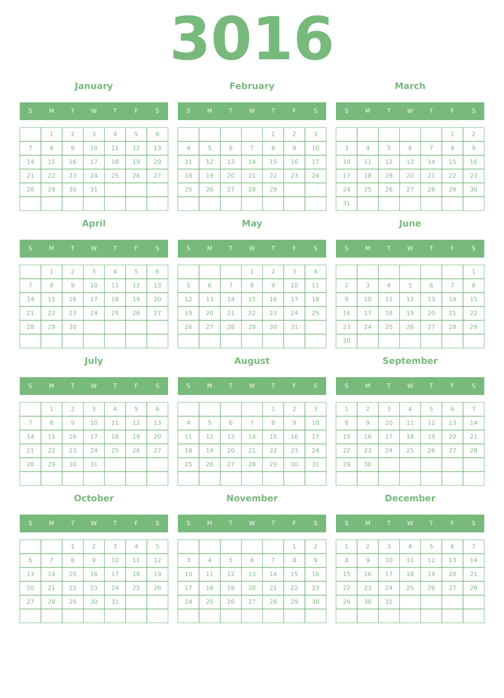 Printable 3016 Year Calendars celadon