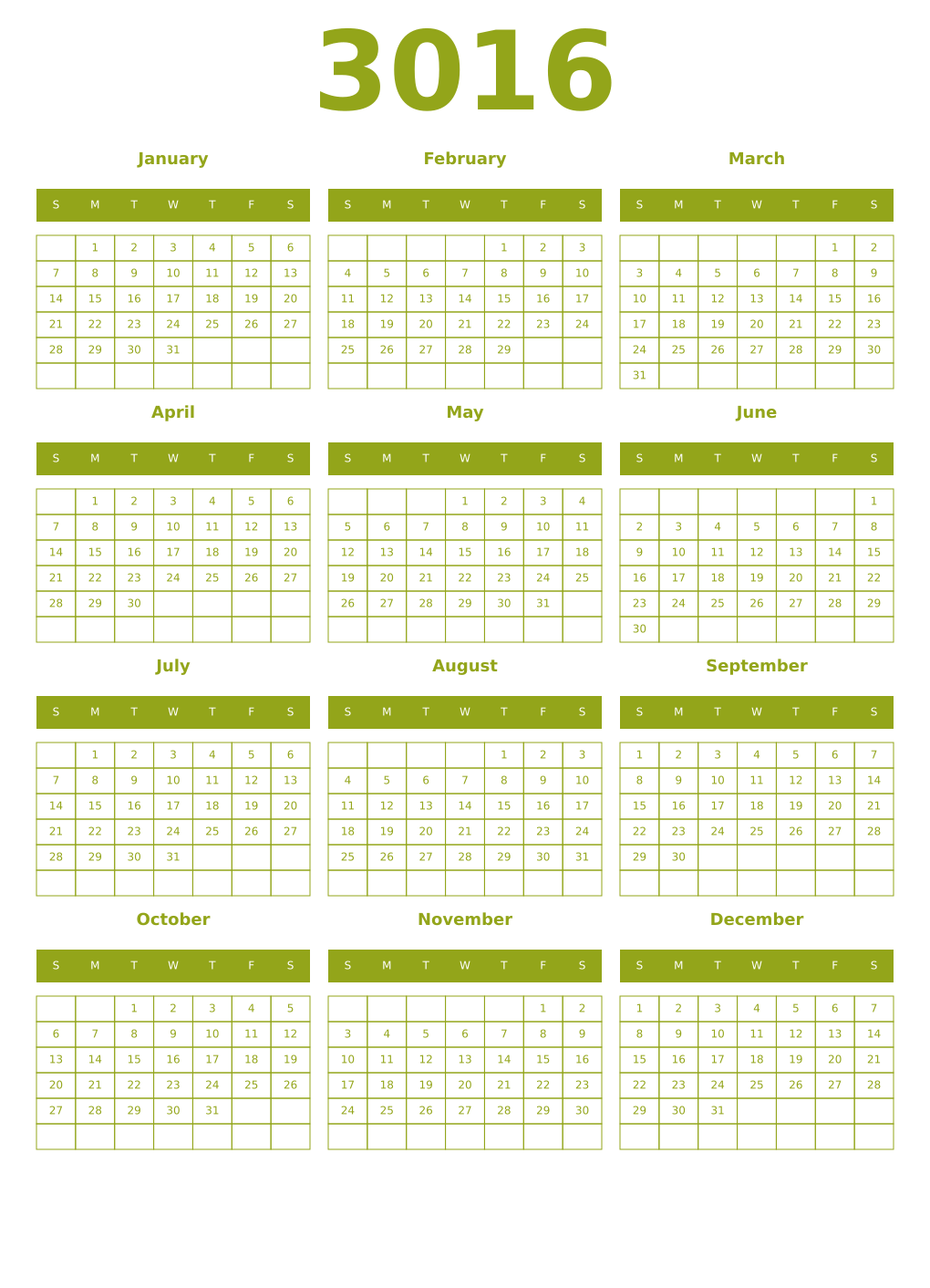 Printable 3016 Year Calendars chartreuse