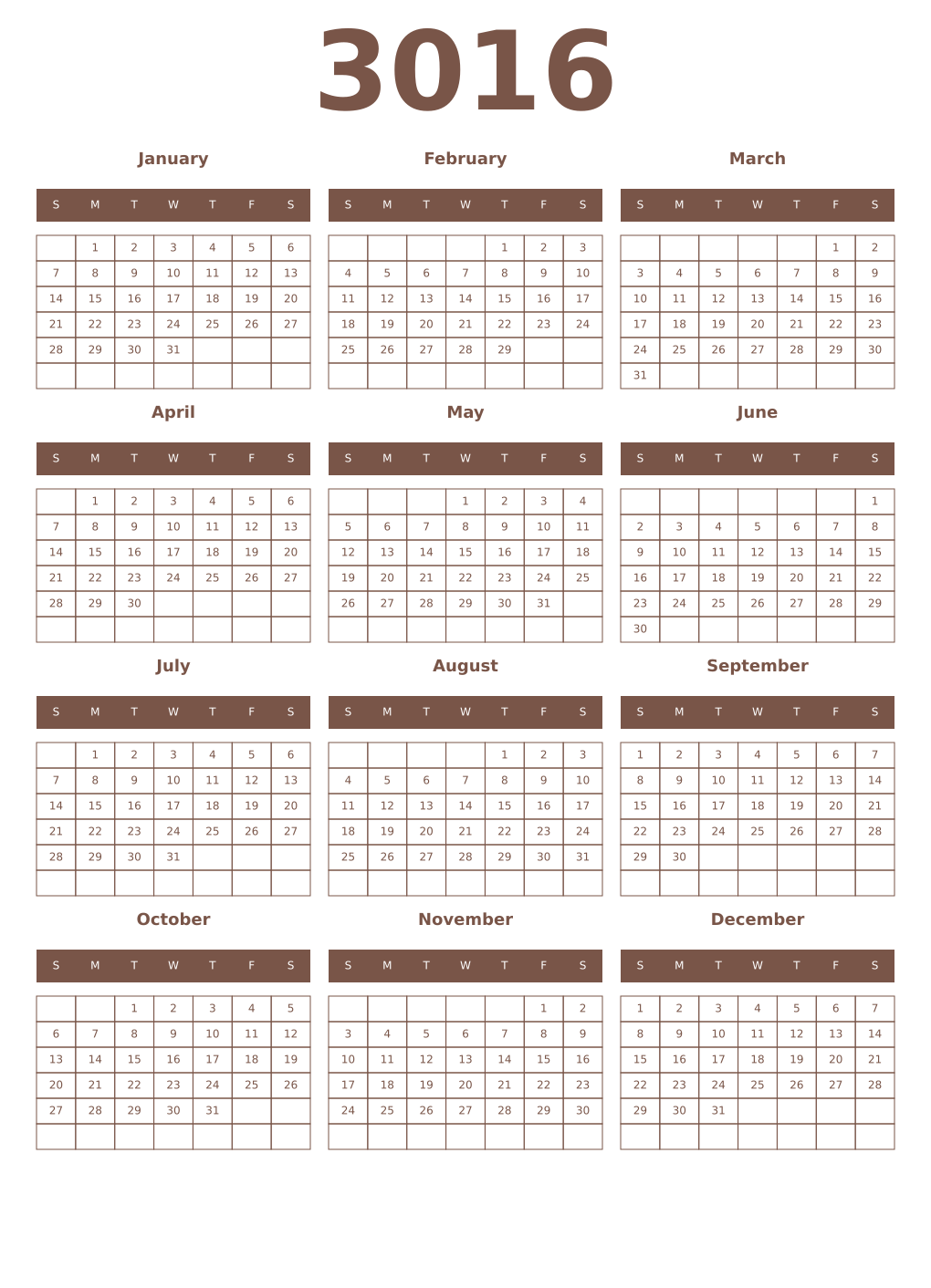 Printable 3016 Year Calendars coffe