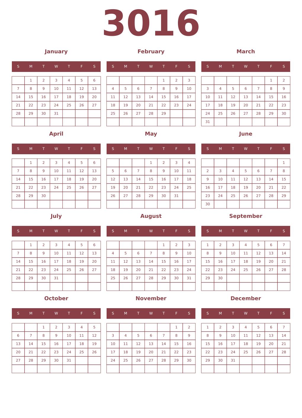 Printable 3016 Year Calendars cordovan