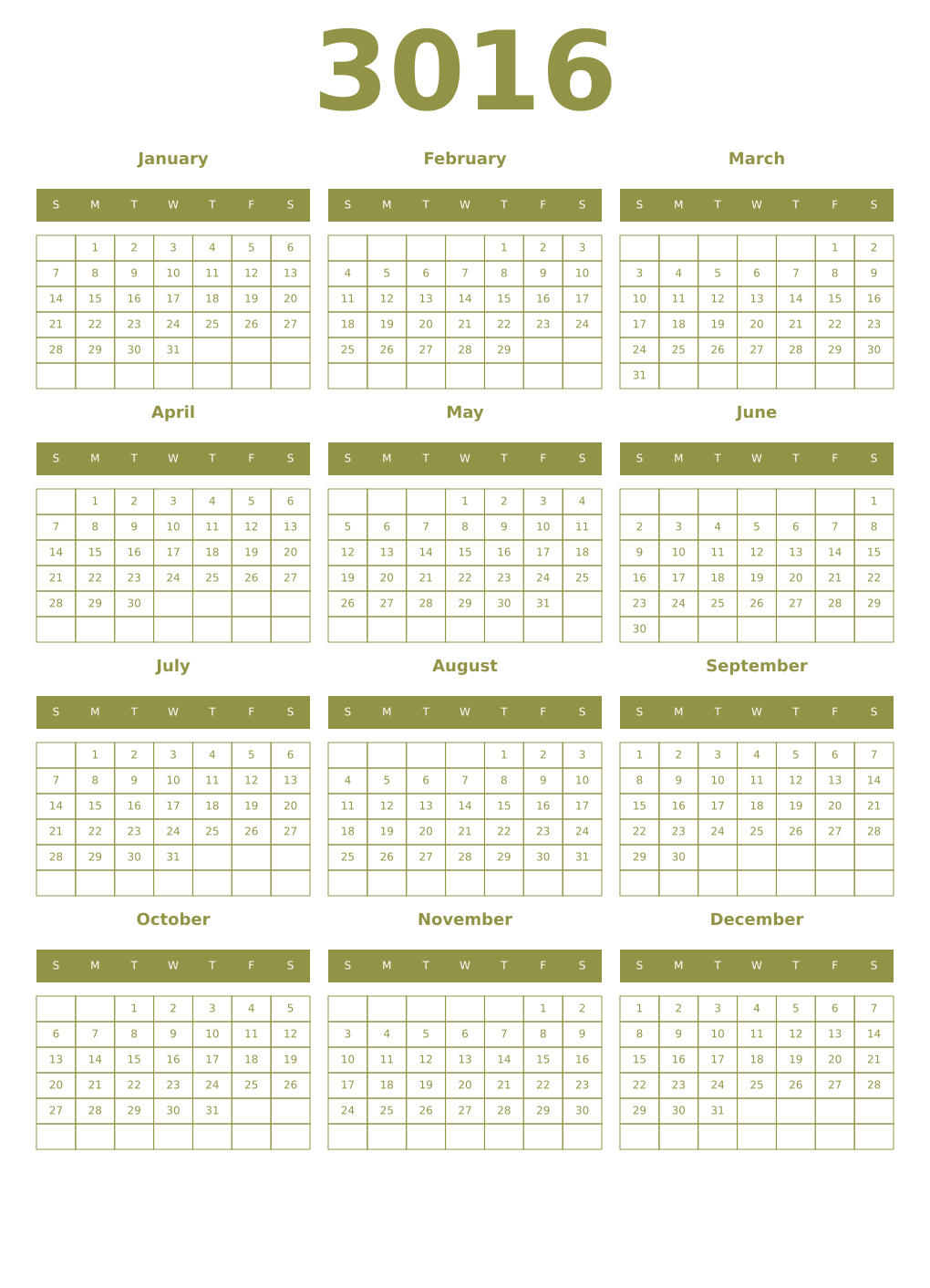 Printable 3016 Year Calendars eburnean