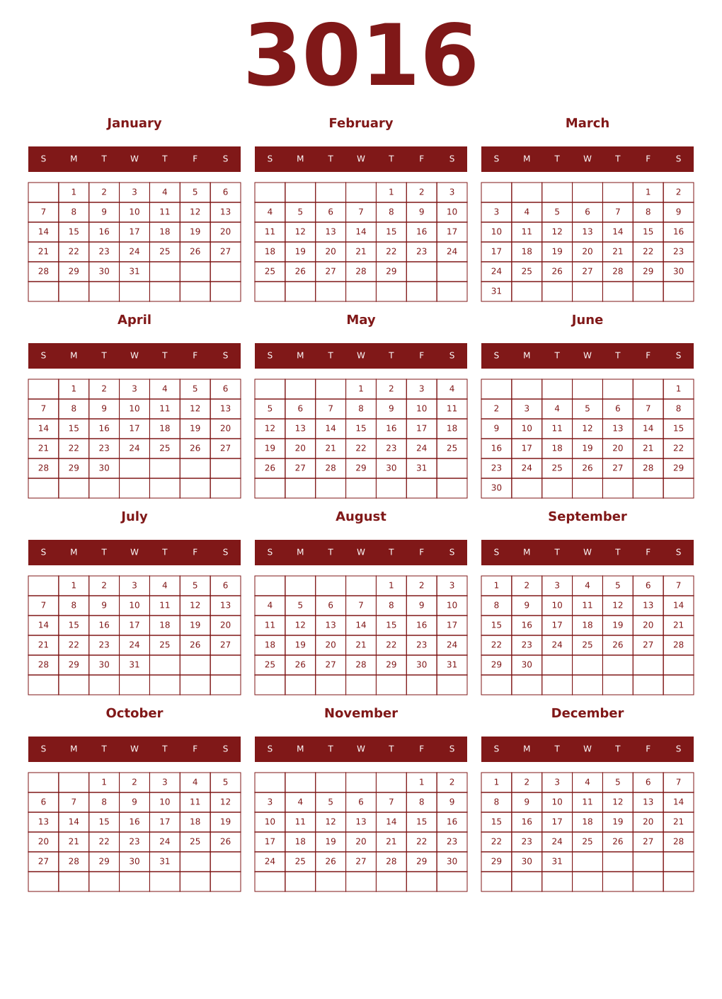 Printable 3016 Year Calendars falu