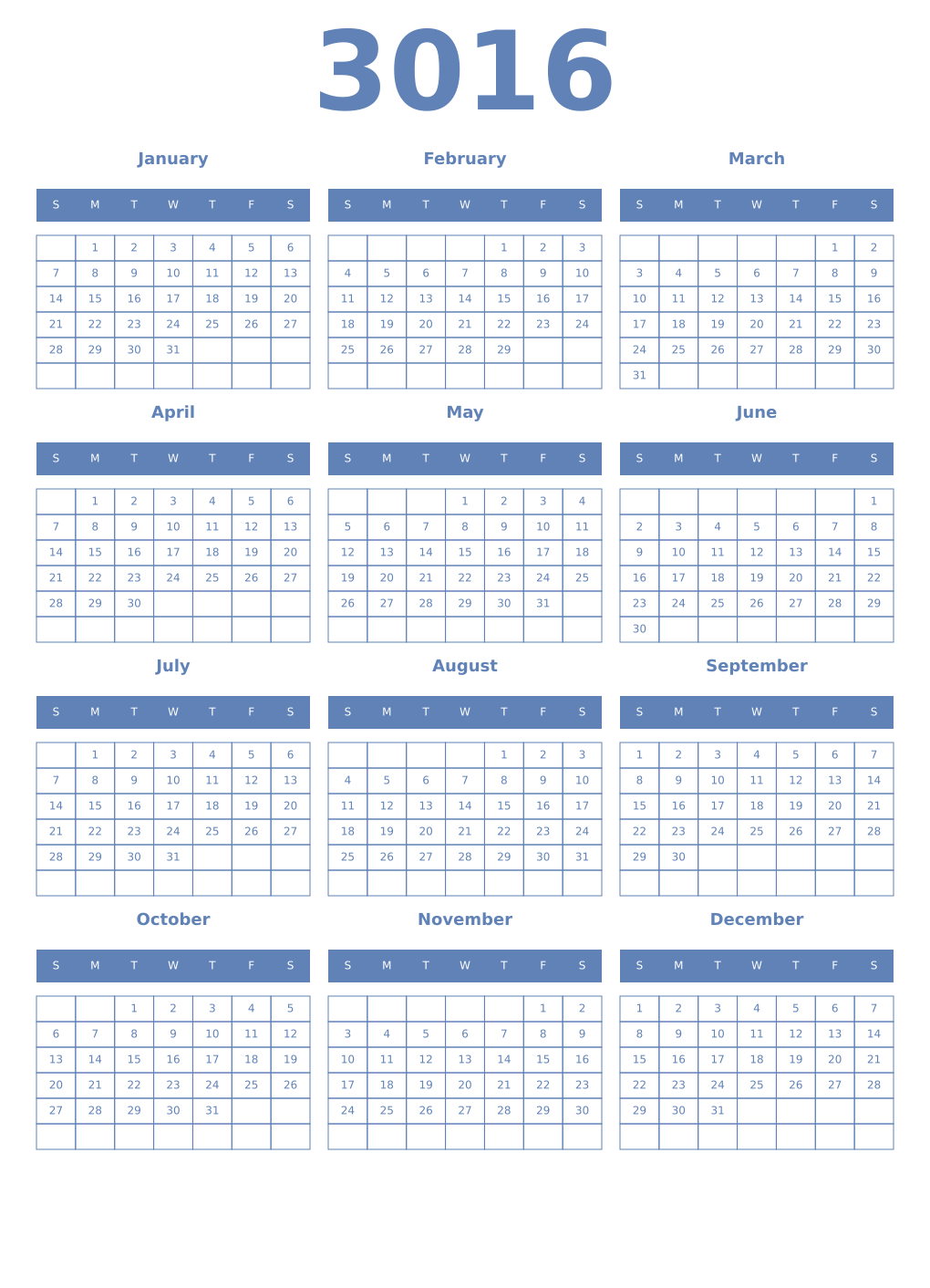 Printable 3016 Year Calendars glaucous
