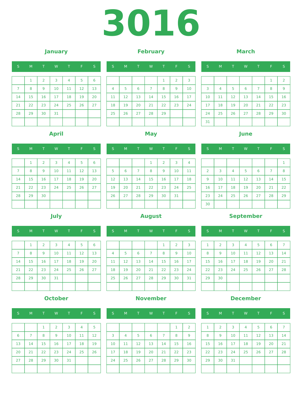 Printable 3016 Year Calendars green