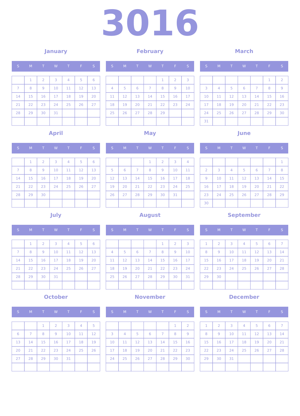 Printable 3016 Year Calendars periwinkle