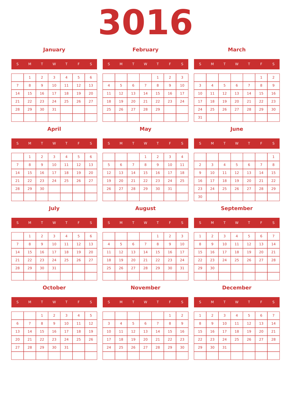 Printable 3016 Year Calendars red