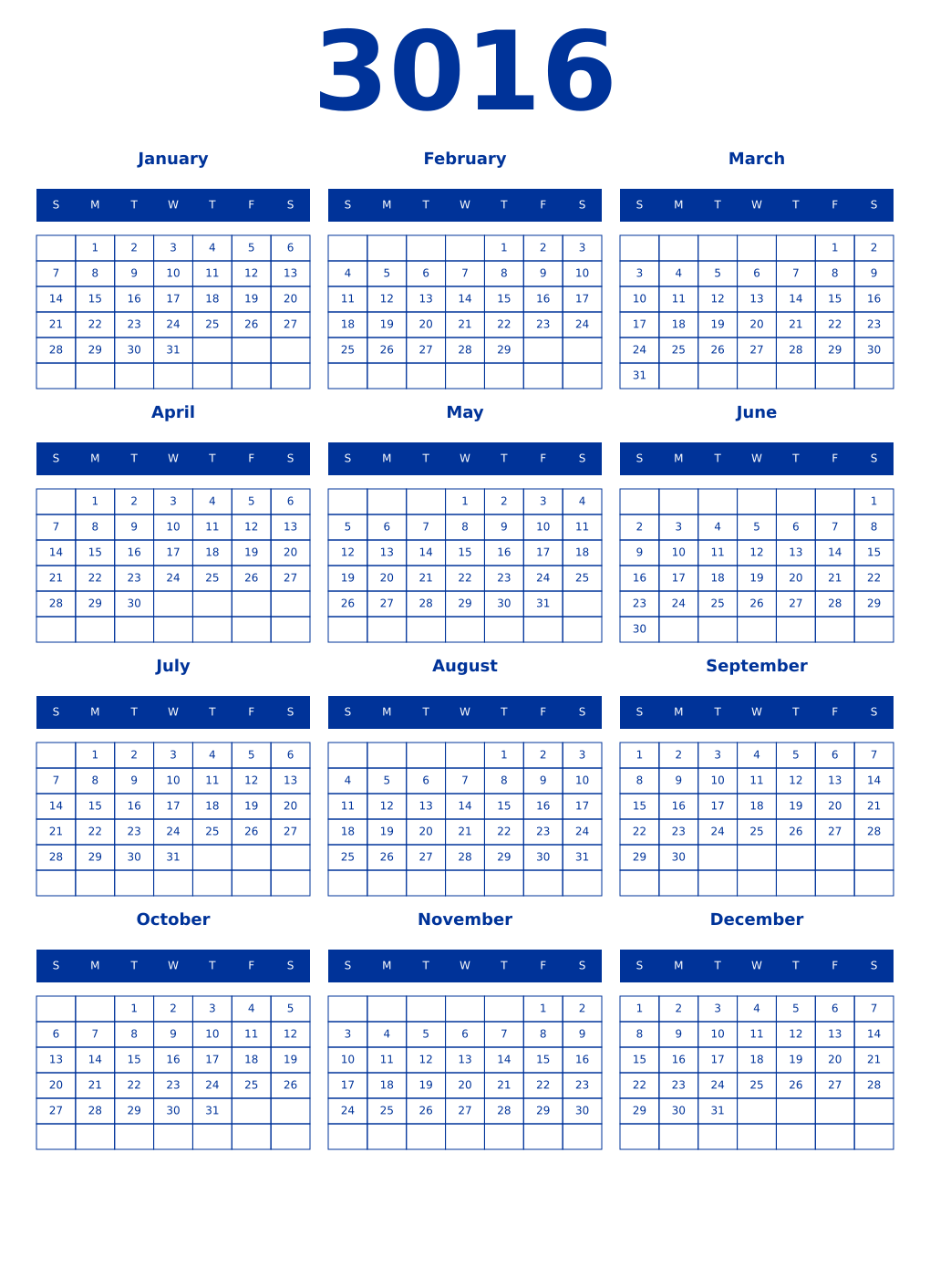 Printable 3016 Year Calendars smalt