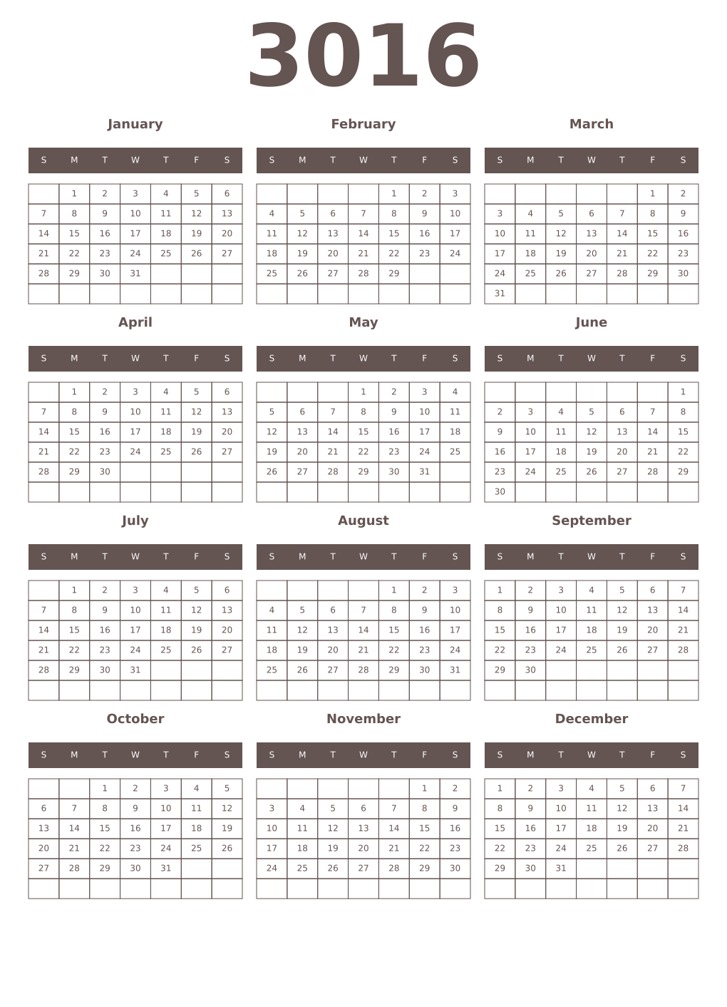 Printable 3016 Year Calendars wenge