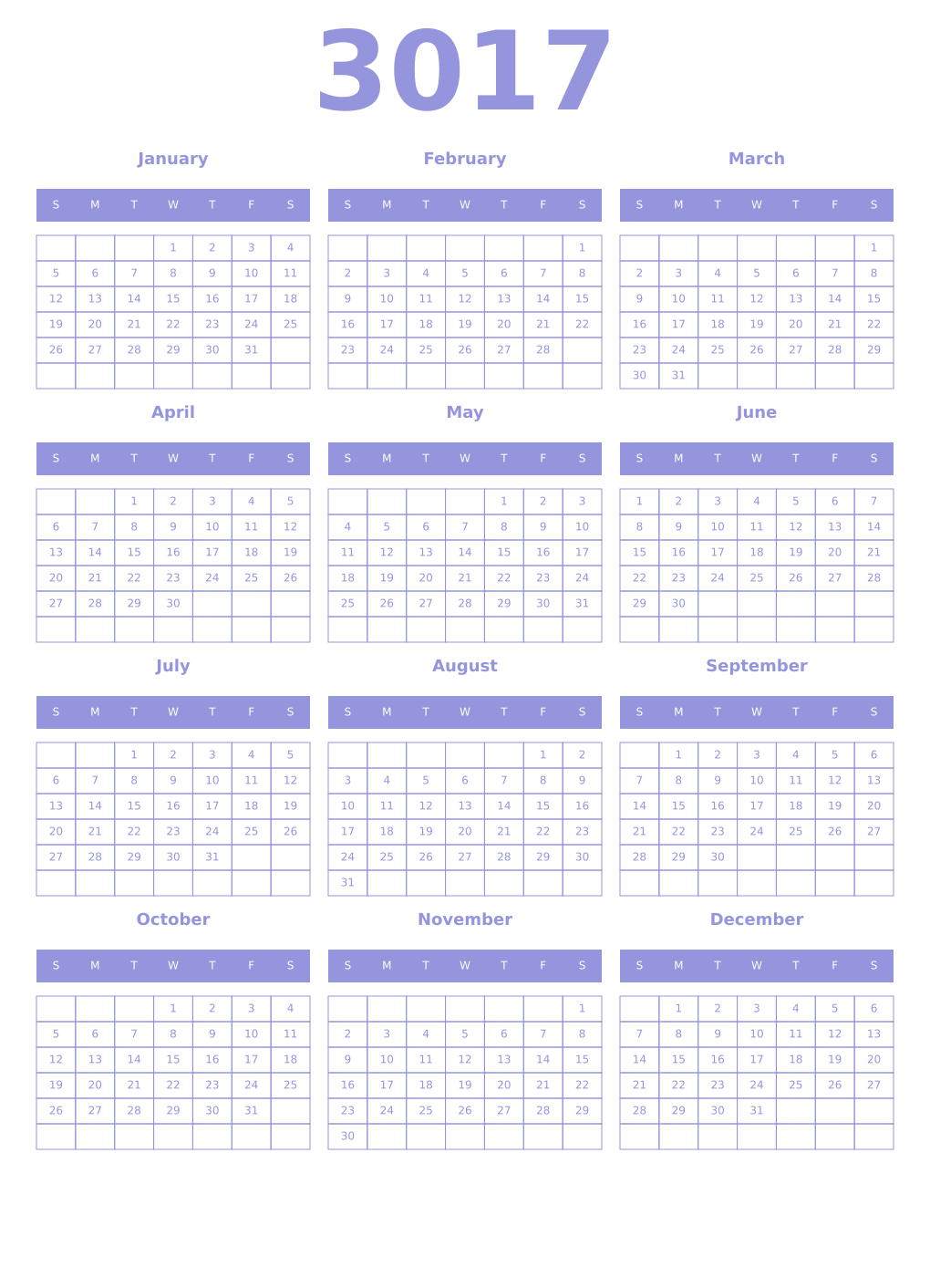 Printable 3017 Year Calendars periwinkle