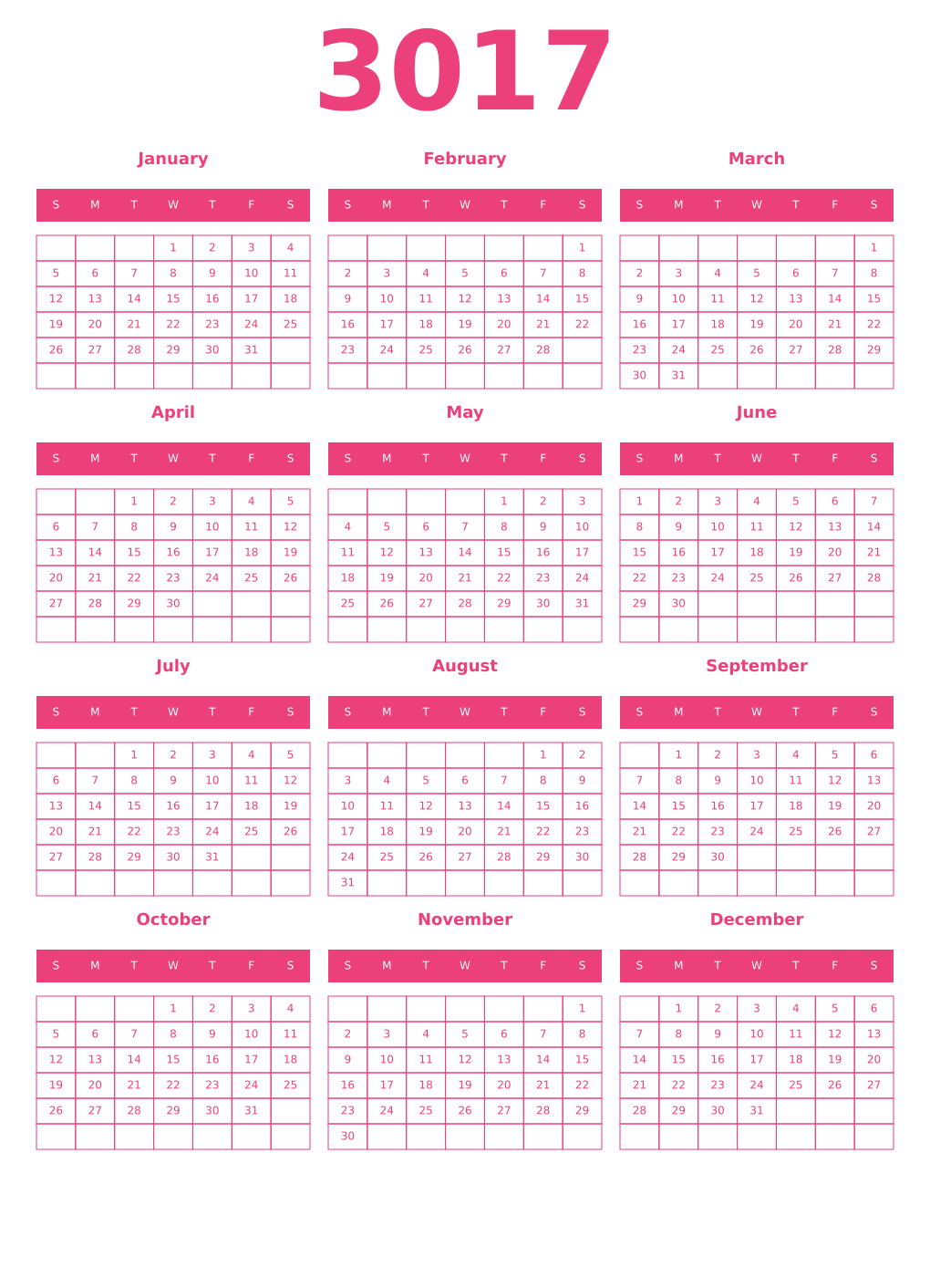 Printable 3017 Year Calendars pink