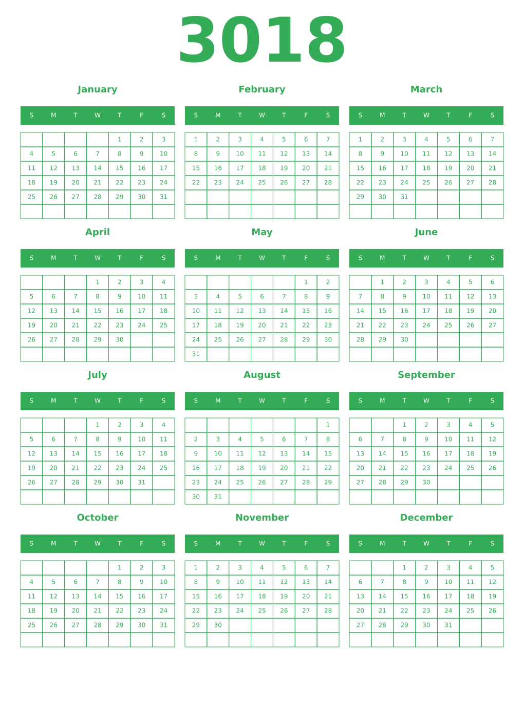Printable 3018 Year Calendars green