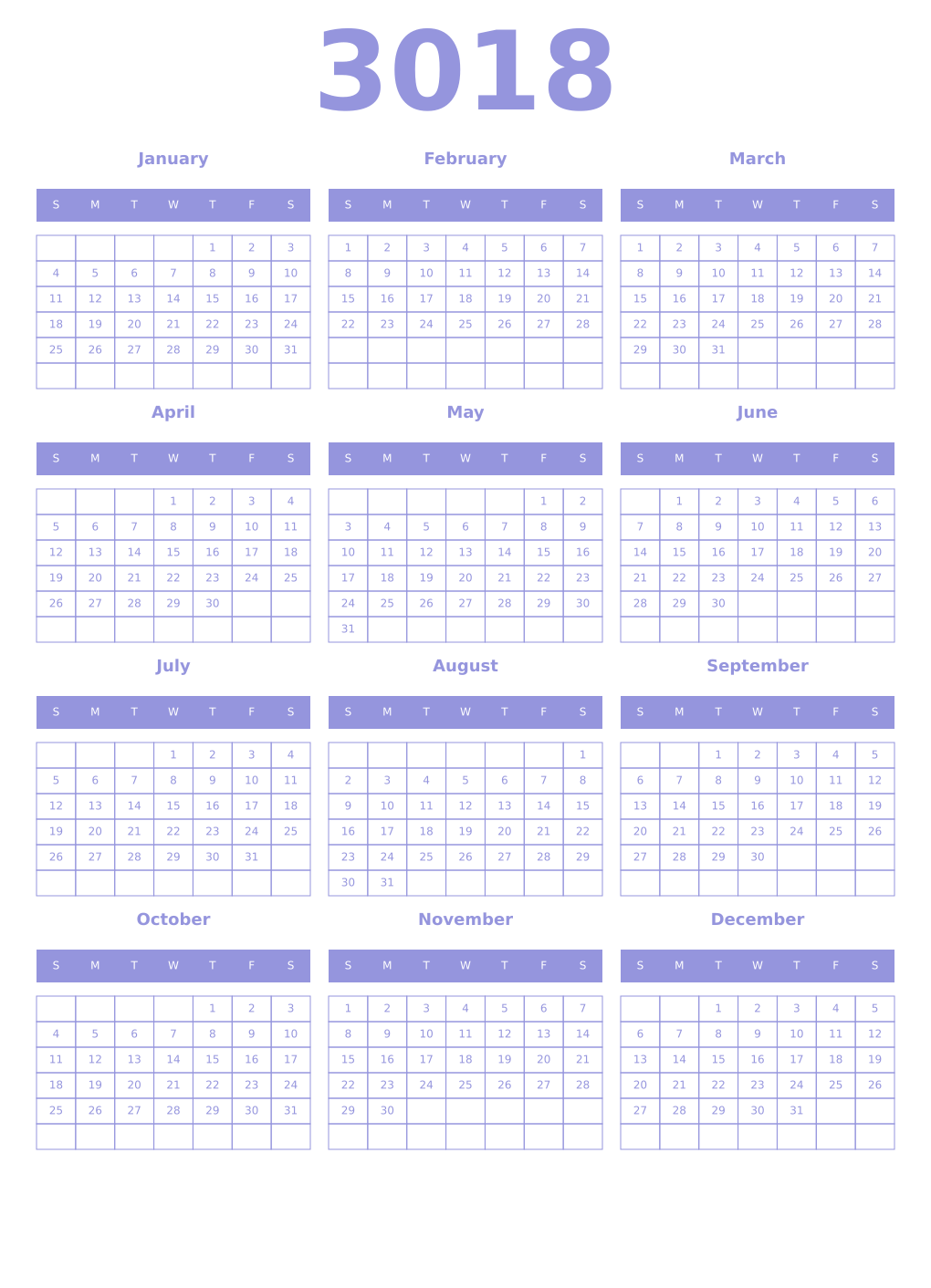 Printable 3018 Year Calendars periwinkle