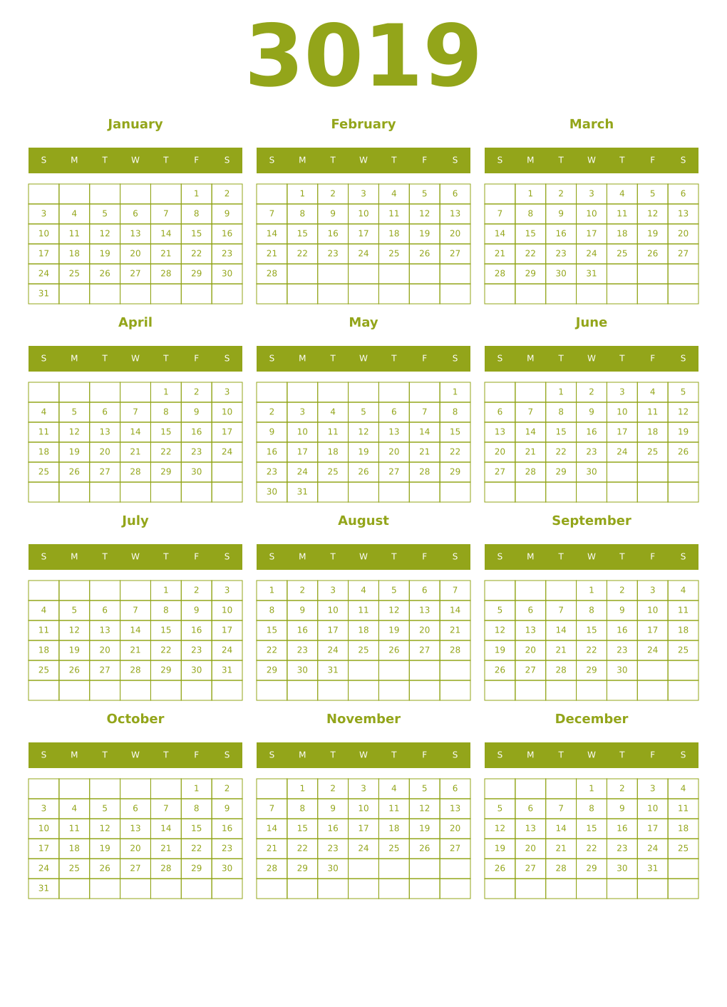 Printable 3019 Year Calendars chartreuse