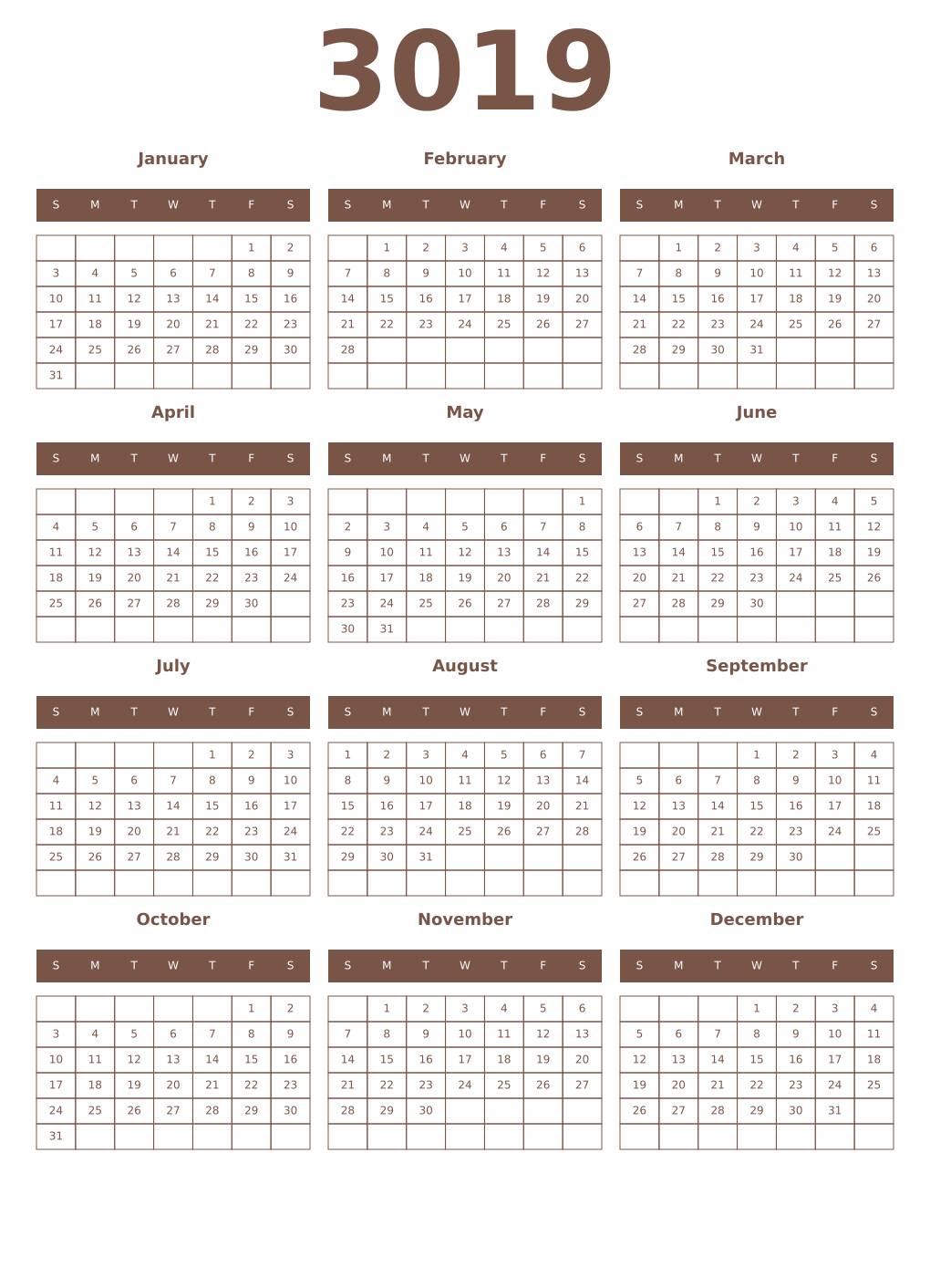 Printable 3019 Year Calendars coffe