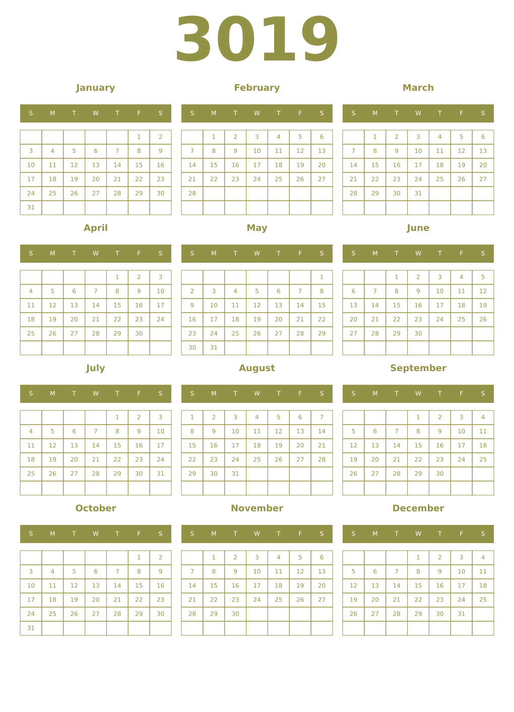Printable 3019 Year Calendars eburnean