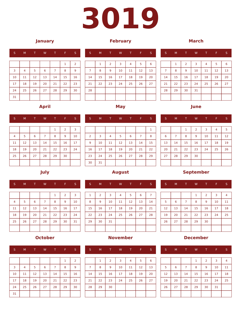 Printable 3019 Year Calendars falu