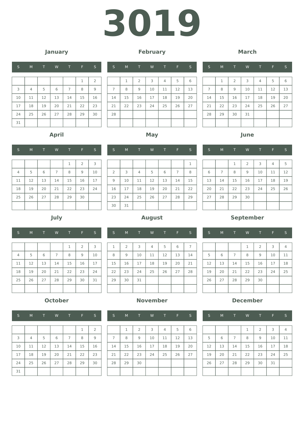 Printable 3019 Year Calendars feldgrau