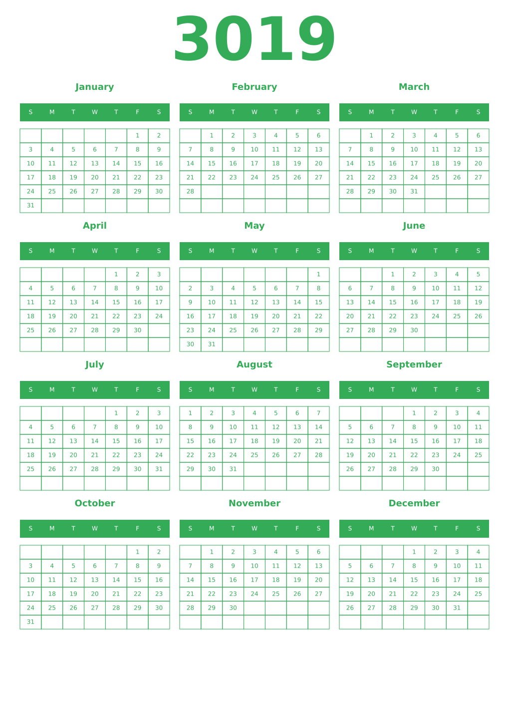 Printable 3019 Year Calendars green